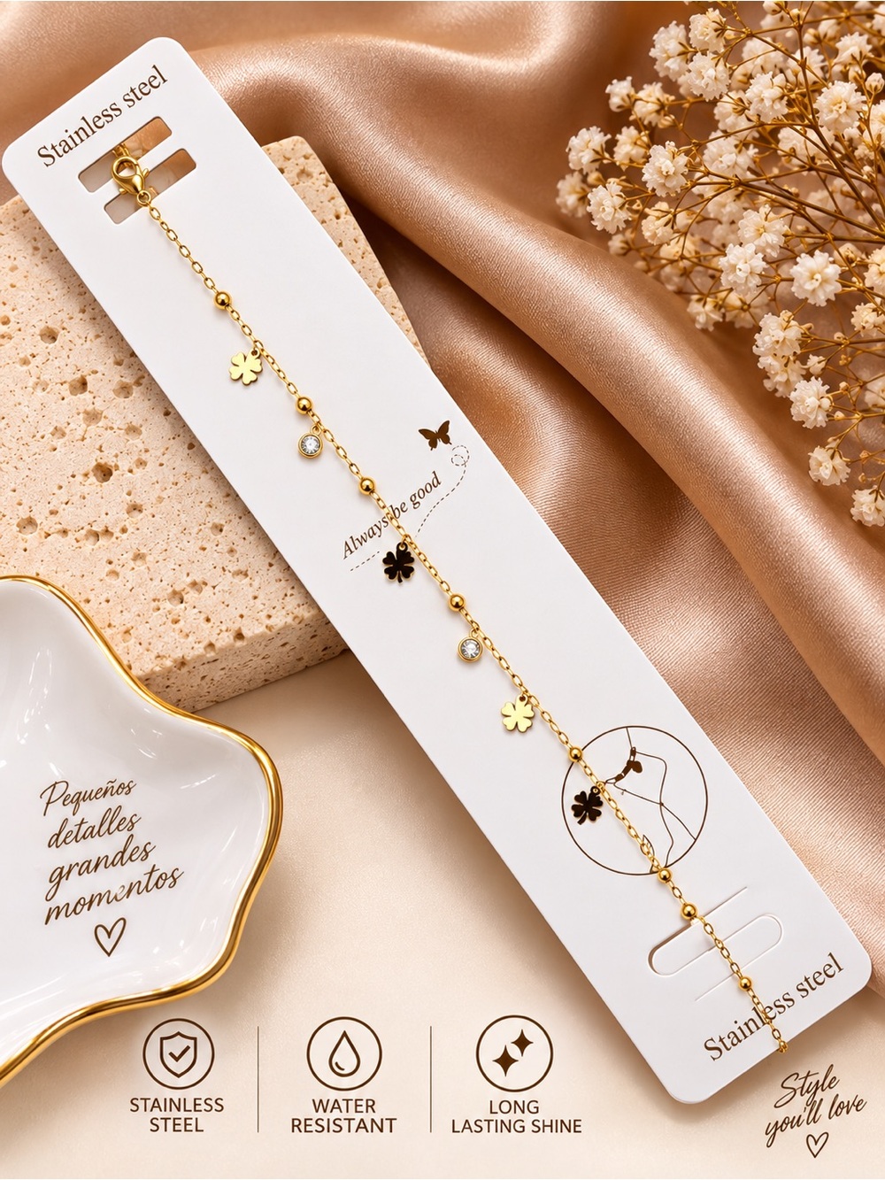 Gold Clover and Crystal Stainless Steel Bracelet - Women's Gold Charm Bracelet